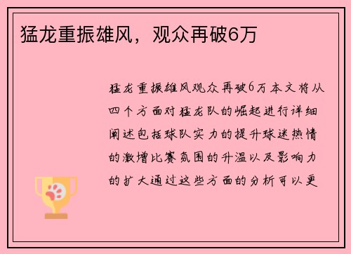 猛龙重振雄风，观众再破6万